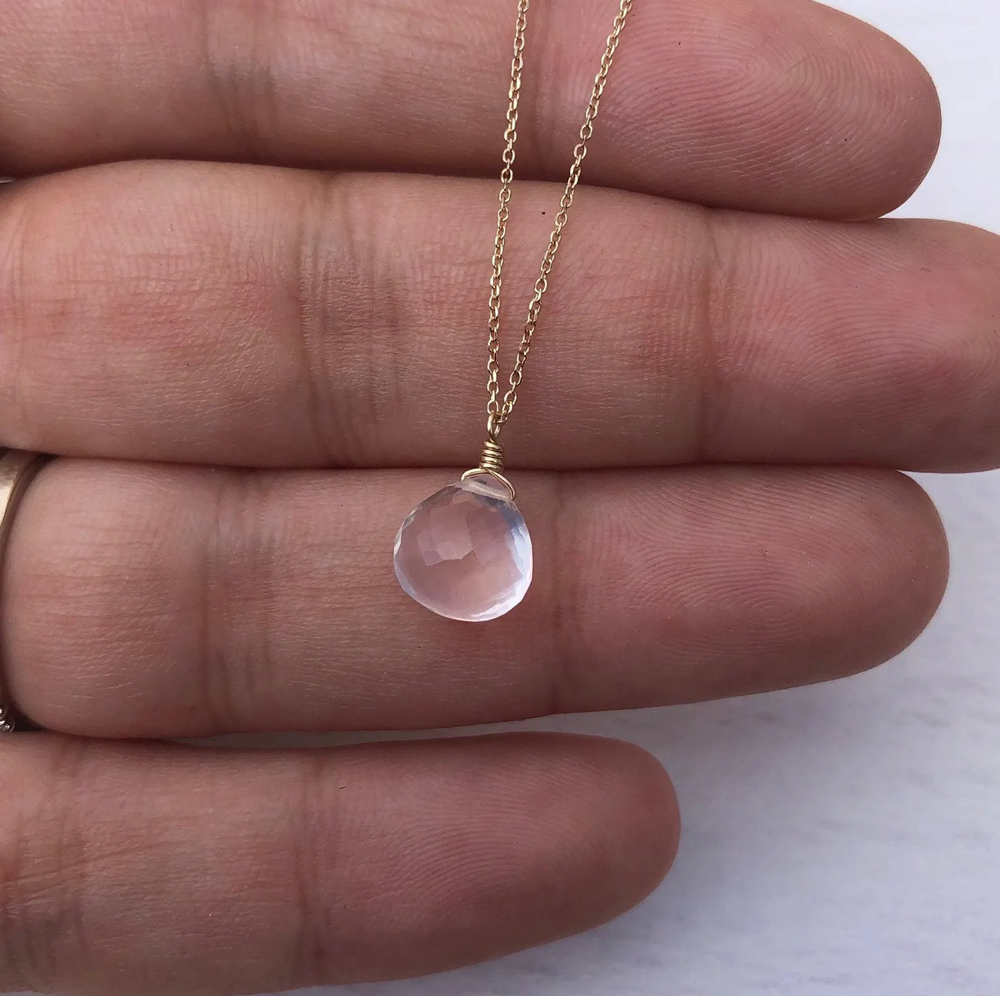 Rose Quartz Teardrop Necklace- Solid 14k Yellow Gold