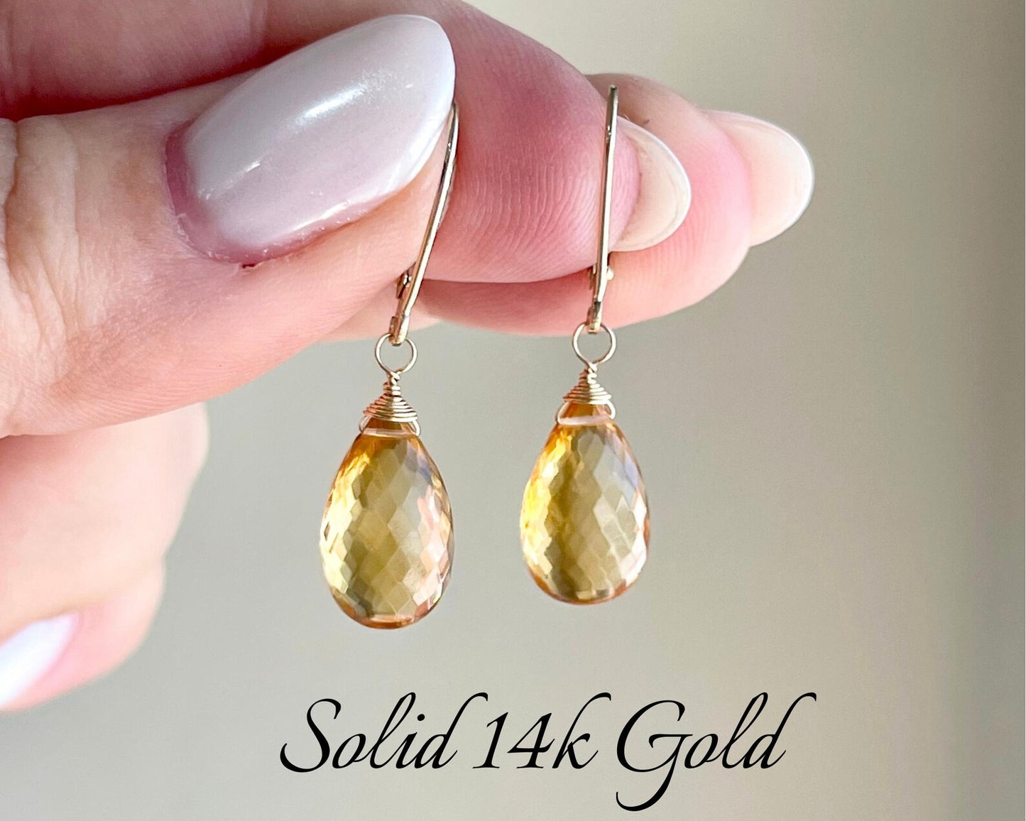 Yellow Topaz Earrings, Solid 14k Gold Teardrop Earrings, November Birthstone