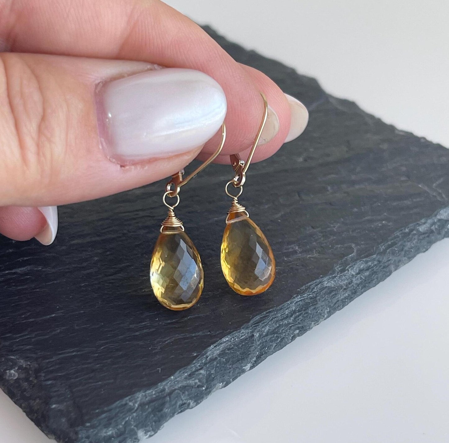 Yellow Topaz Earrings, Solid 14k Gold Teardrop Earrings, November Birthstone