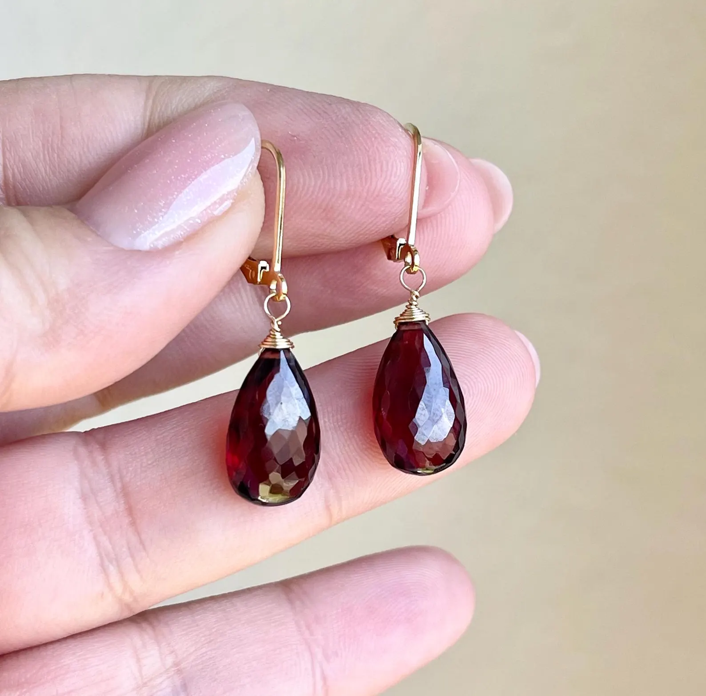 Garnet Teardrop Earrings- Solid 14k Gold