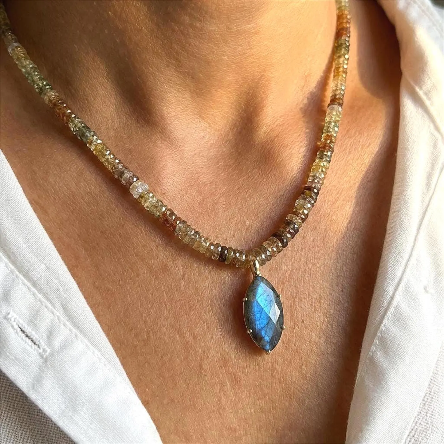Natural Sapphire and Labradorite Statement Necklace,