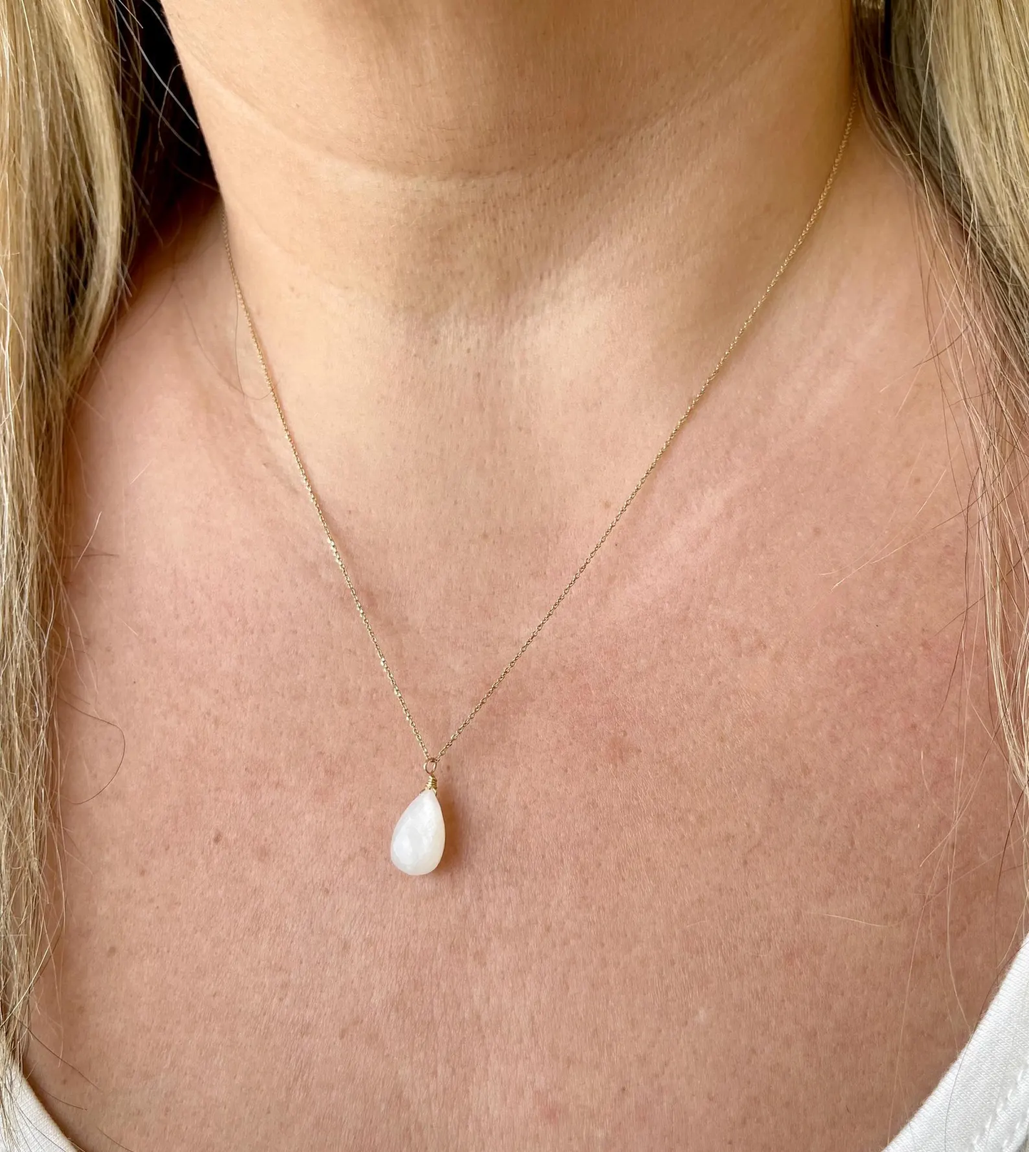 White Moonstone Necklace- Solid 14k Gold June Birthstone