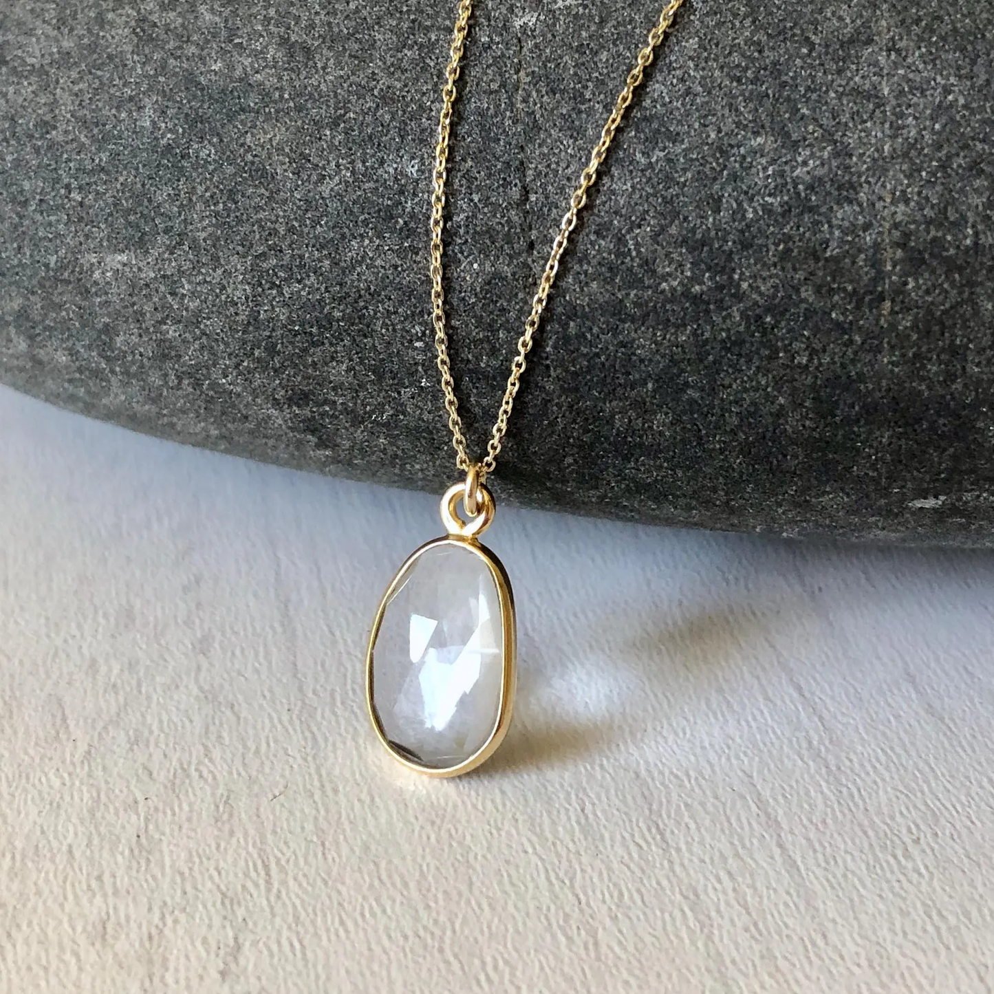 White Topaz Free Form Necklace- Solid 14K Gold April Birthstone