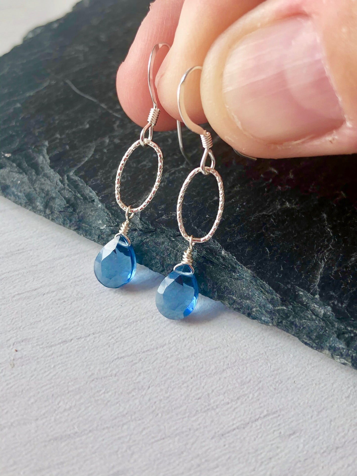 Blue Sapphire Teardrop Oval Link Earrings
