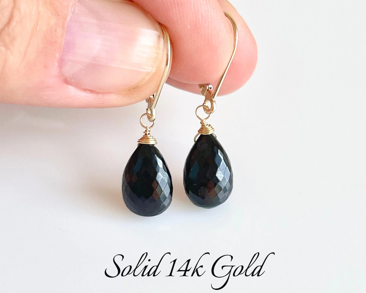 Black Onyx Teardrop Earrings- Solid 14k Gold