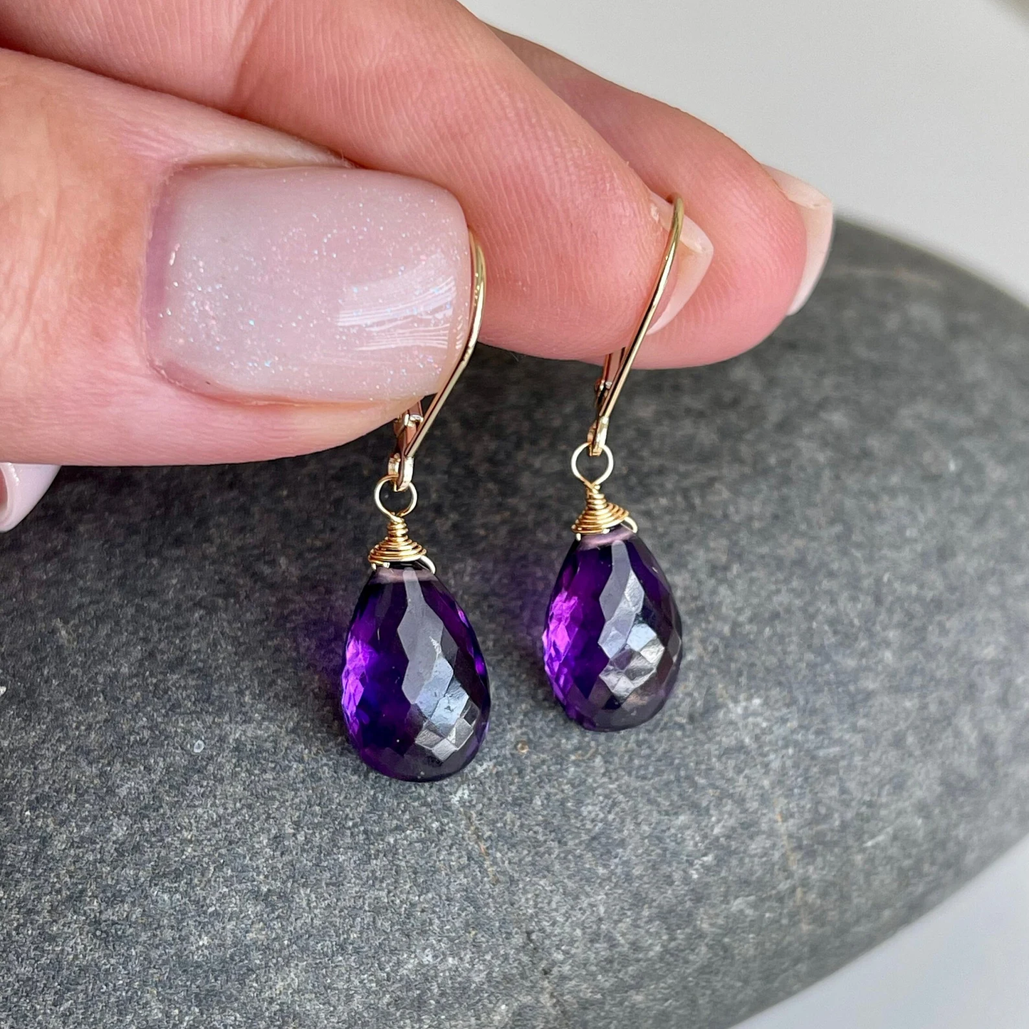 Amethyst Teardrop Earrings- Solid 14k Gold February Birthstone
