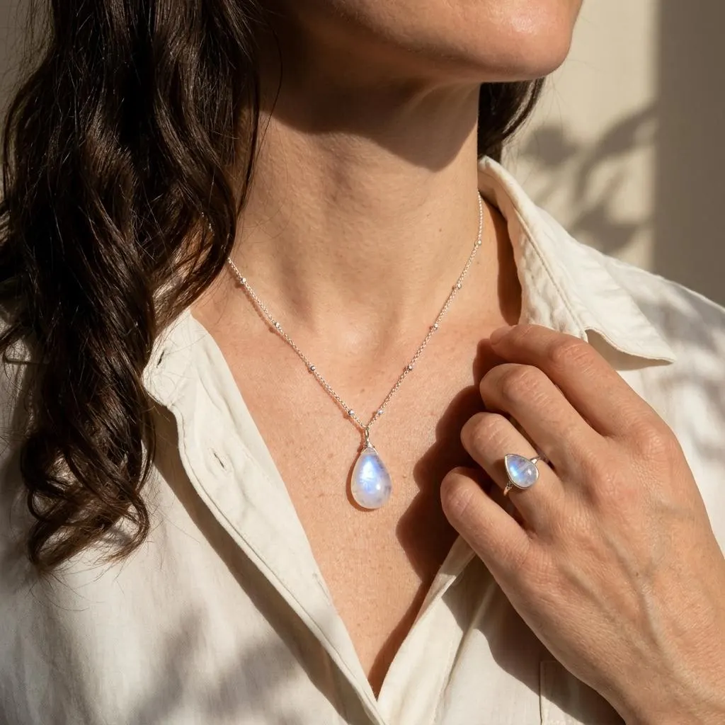 Rainbow Moonstone Smooth Teardrop Necklace- June Birthstone