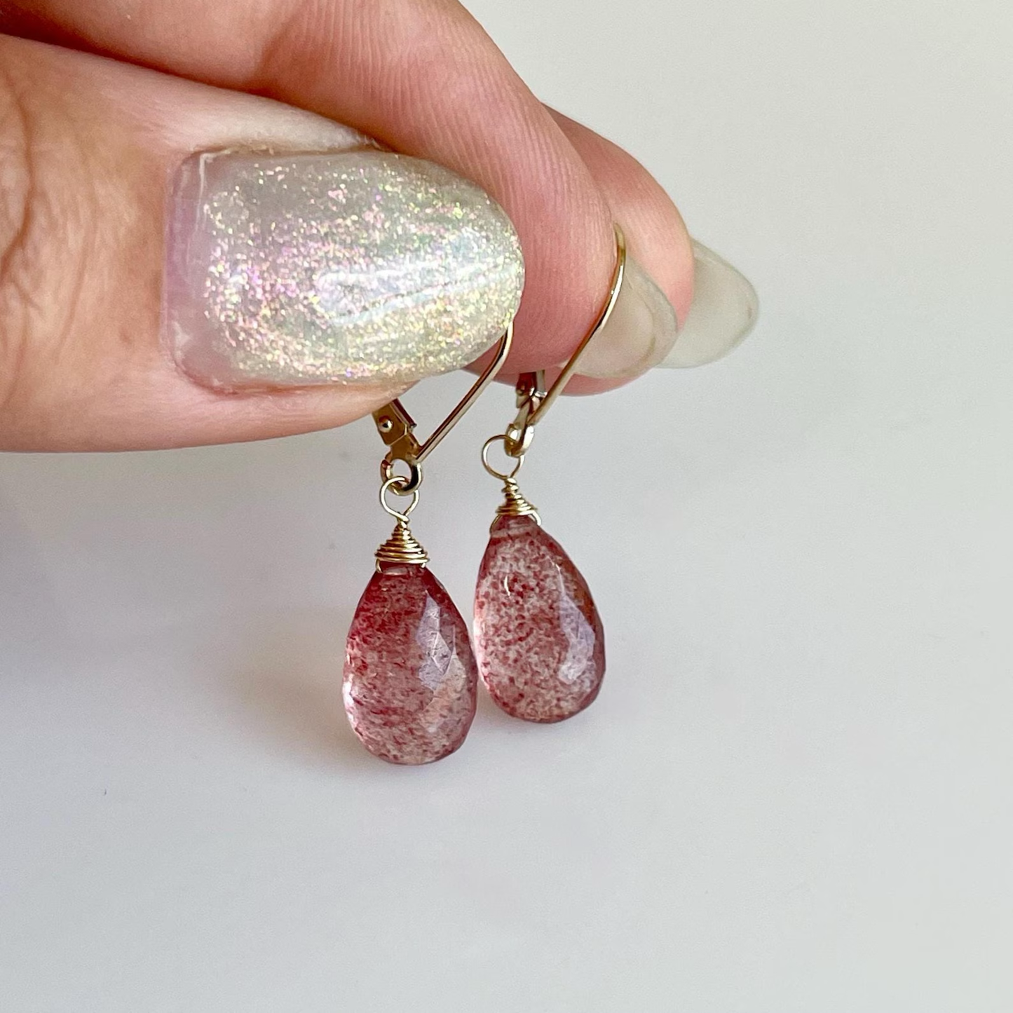 Strawberry Quartz Drop Earrings- Solid 14k Gold