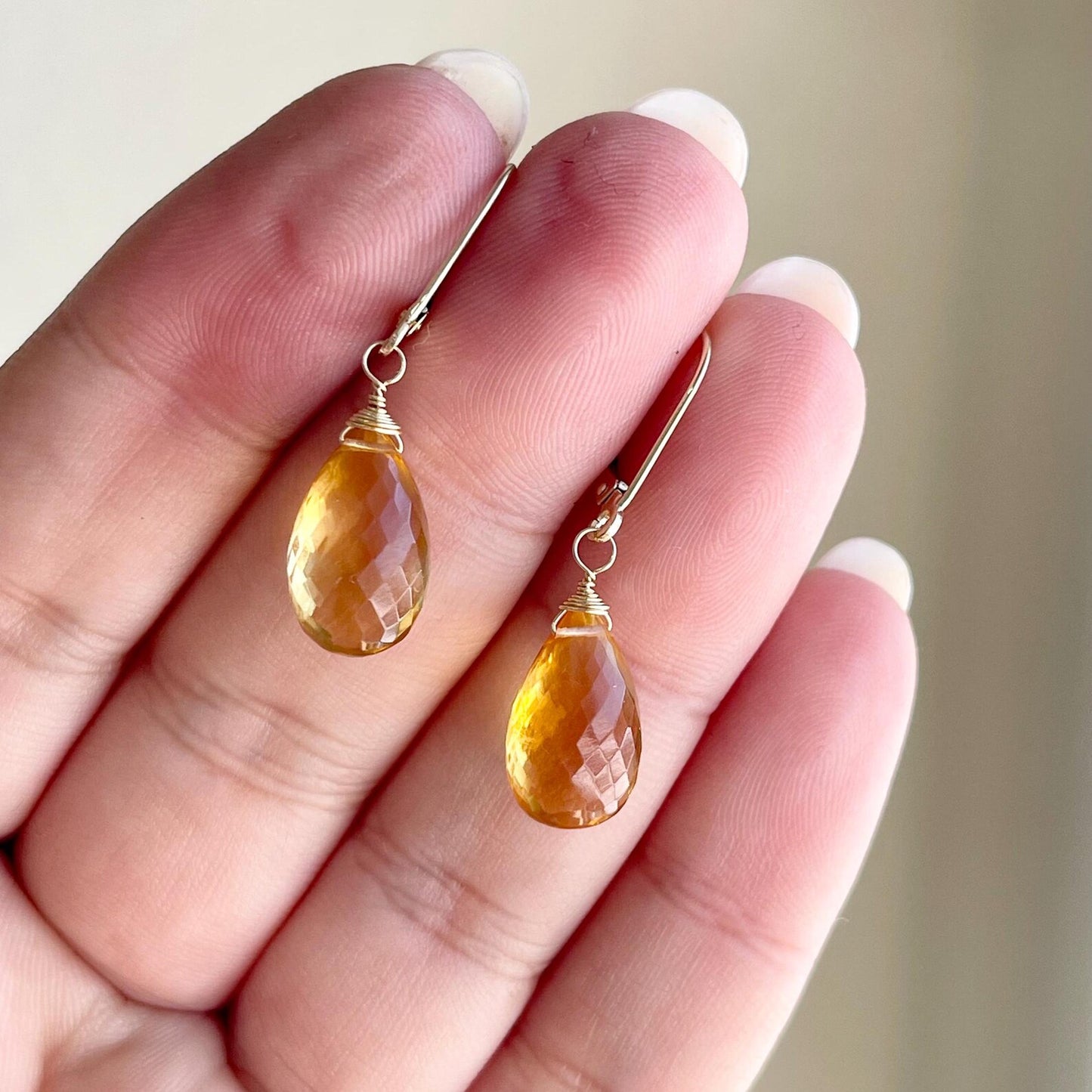 Yellow Topaz Earrings, Solid 14k Gold Teardrop Earrings, November Birthstone