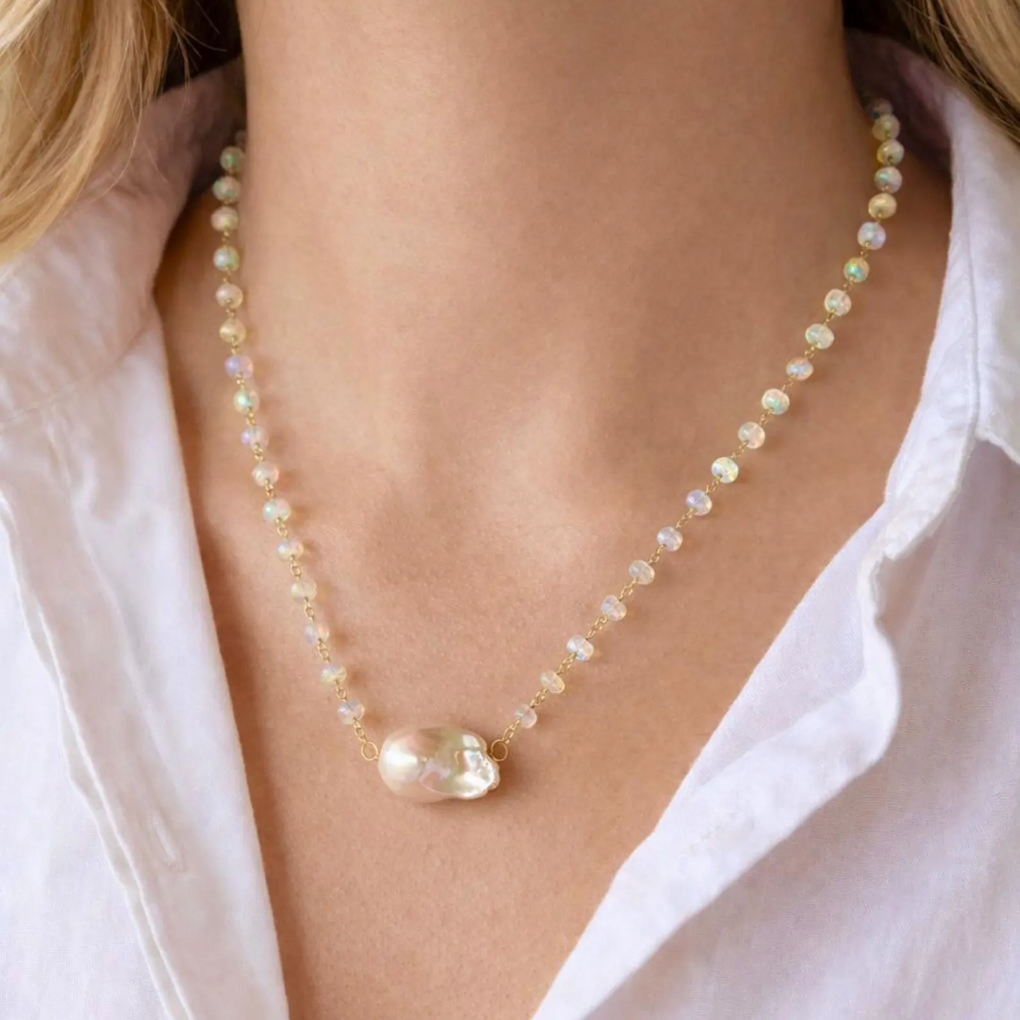 Baroque Pearl and Ethiopian Opal Beaded Necklace in Gold Filled, June and October Birthstone