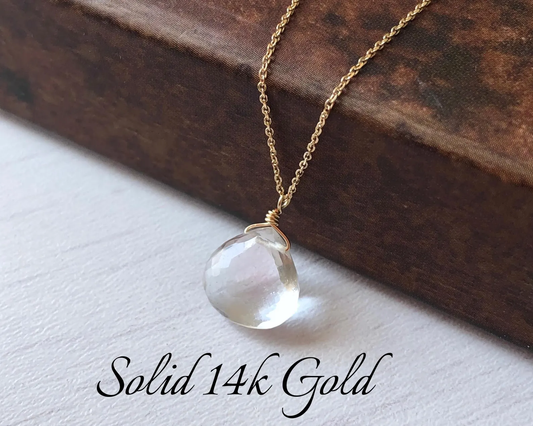 White Topaz Drop Necklace- Solid 14k Gold