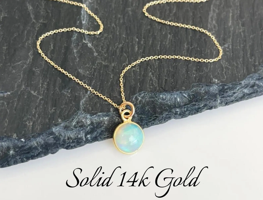 Tiny Ethiopian Opal Round Necklace- Solid 14k Gold