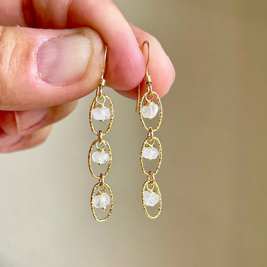 Rainbow Moonstone Oval Link Earrings- June Birthstone
