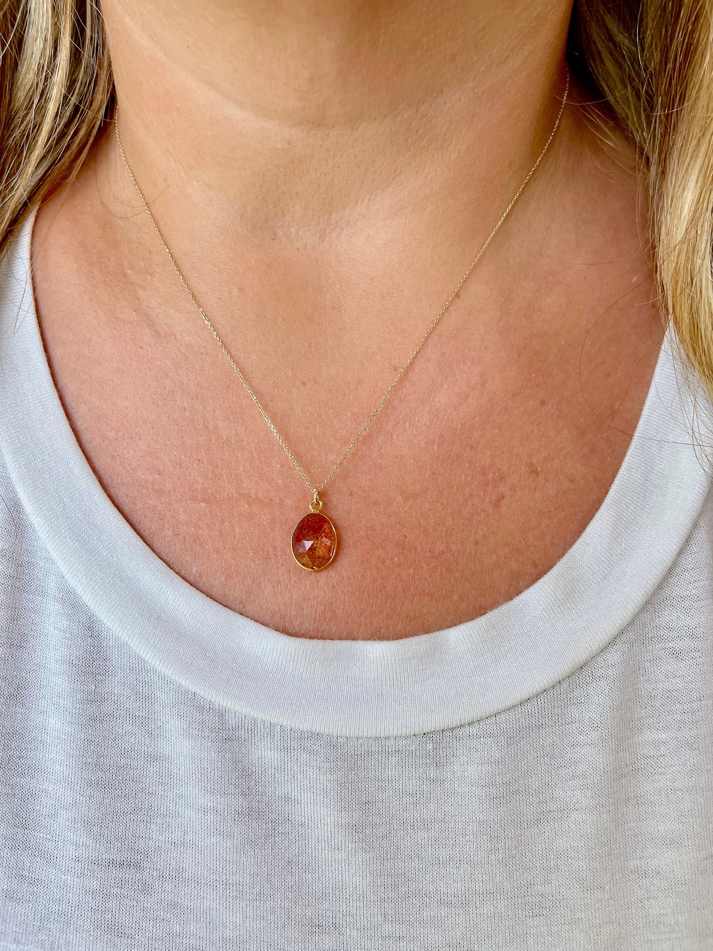 Orange Sunstone Oval Necklace- Solid 14K Gold