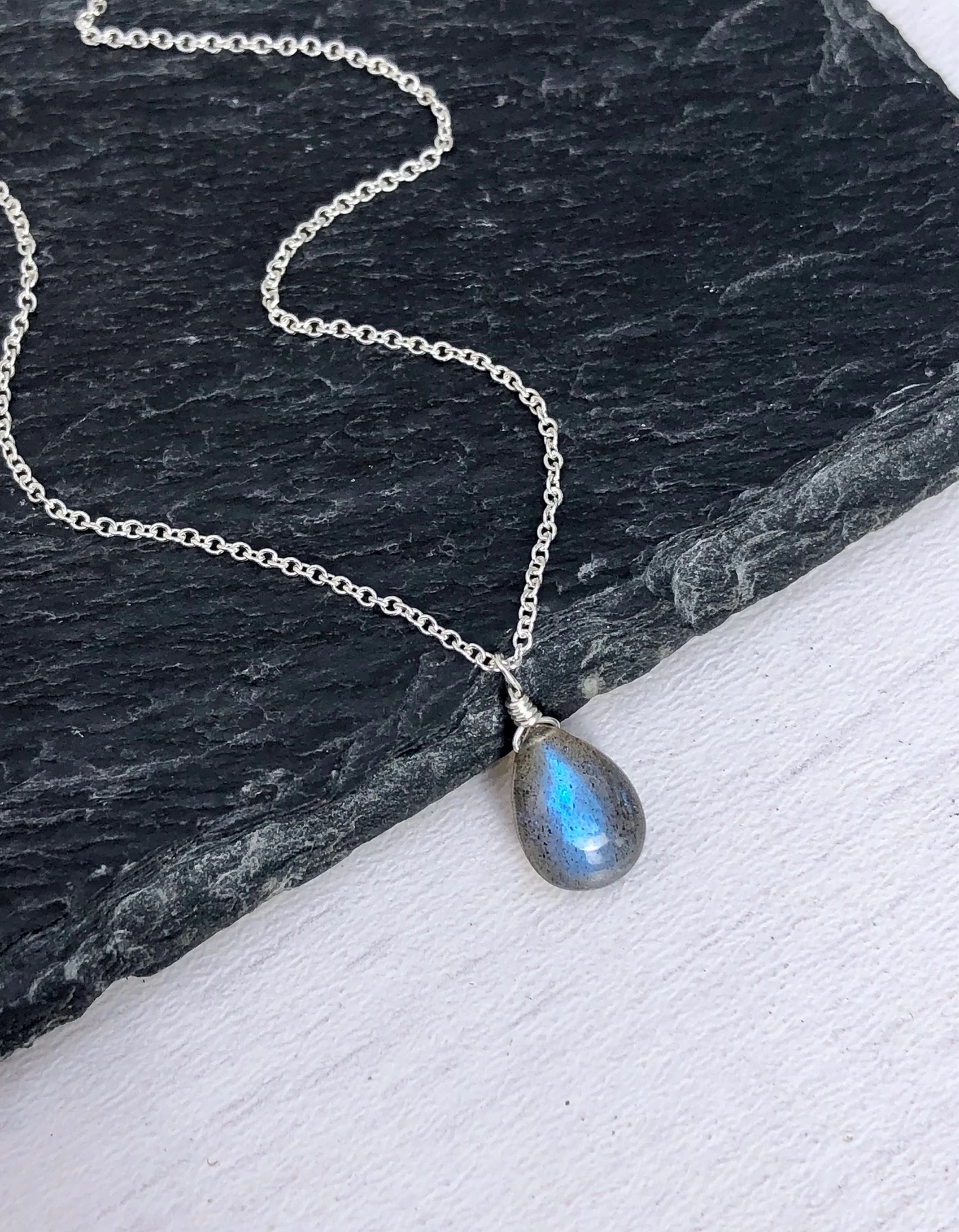 Labradorite Smooth Teardrop Necklace, Blue Flash Drop Jewelry