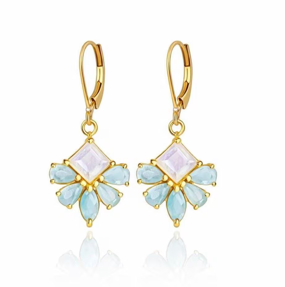 Aquamarine and Moonstone Flower Earrings