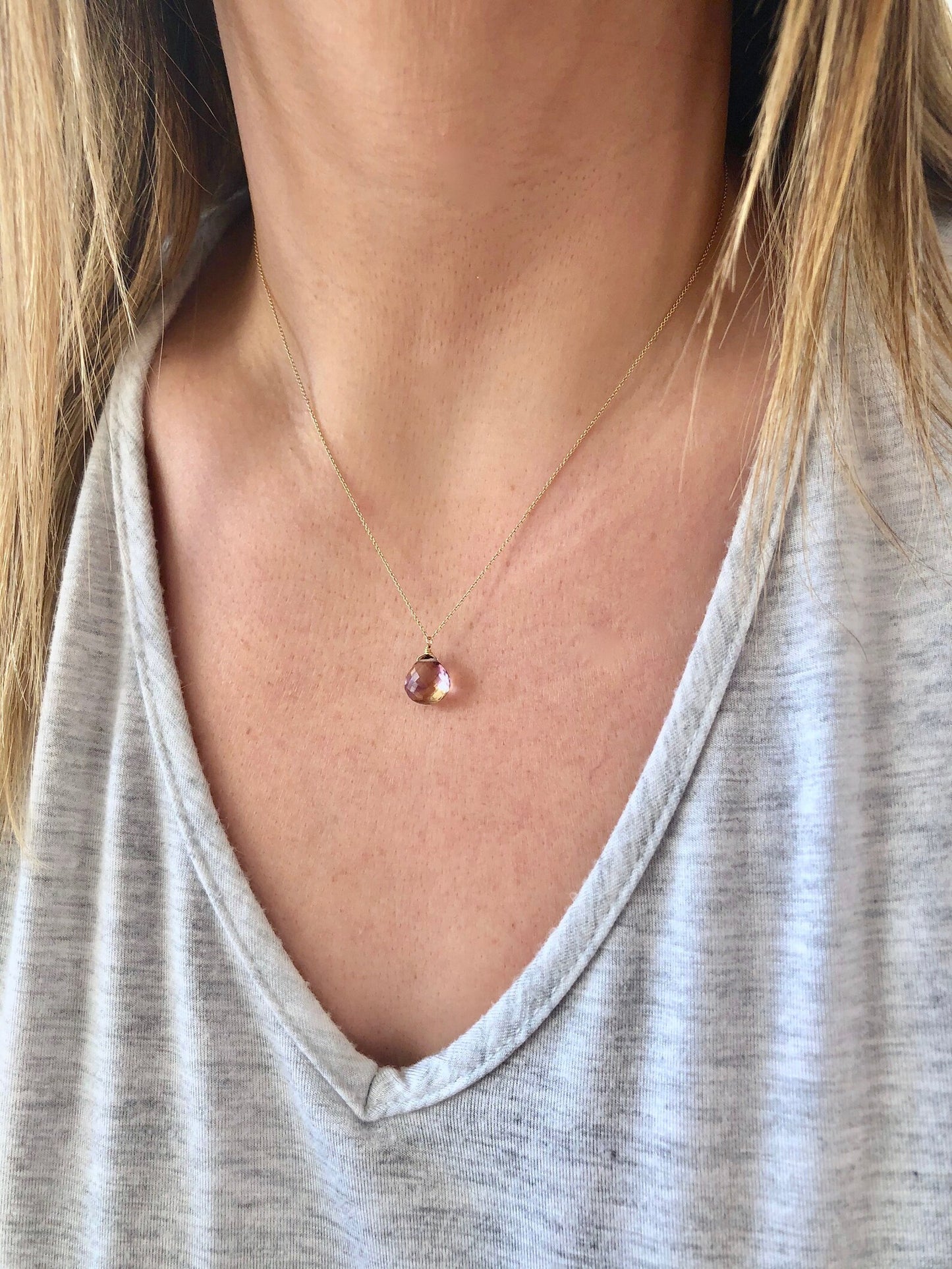 Ametrine Solid 14k Gold Teardrop Necklace, February Birthstone