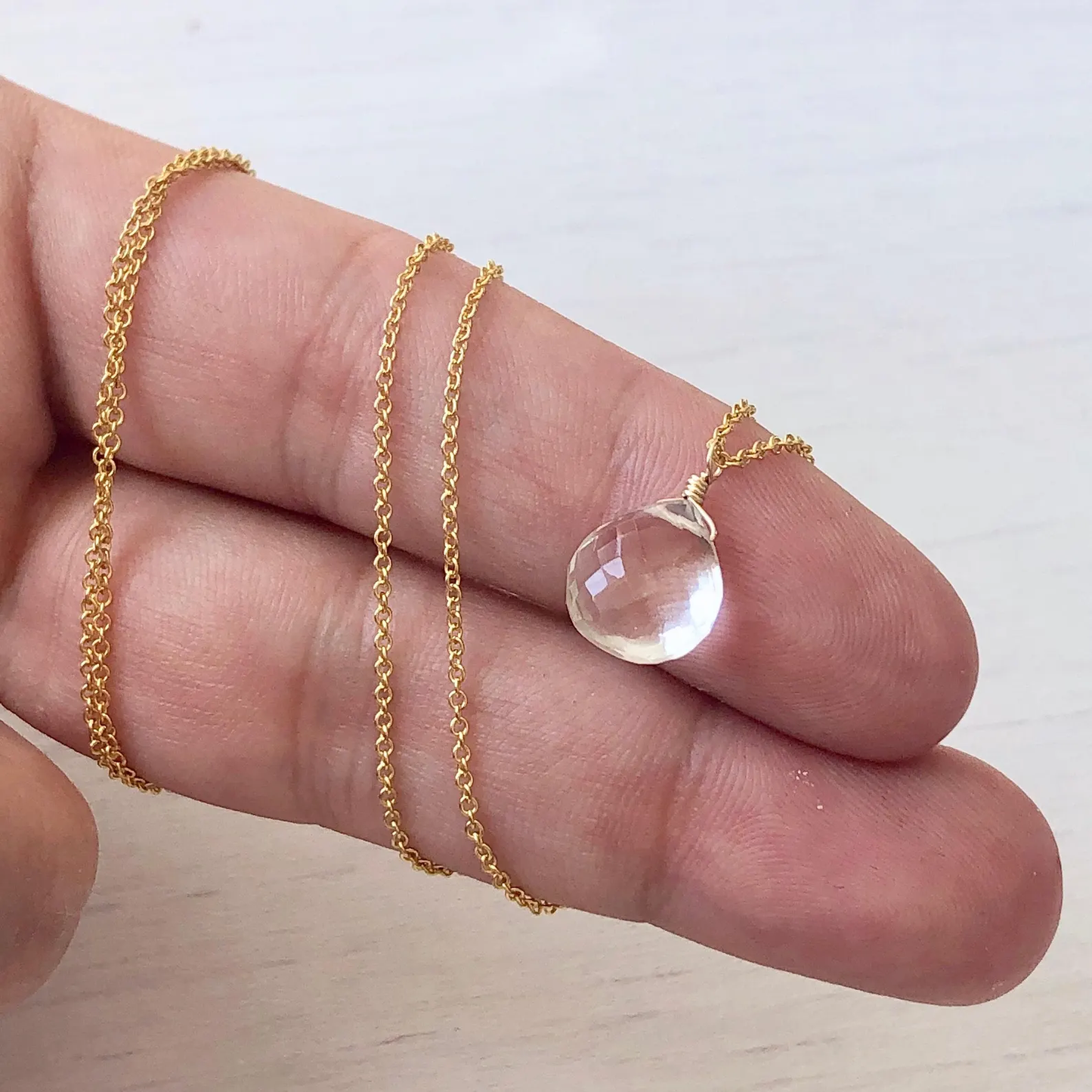White Topaz Drop Necklace- Solid 14k Gold