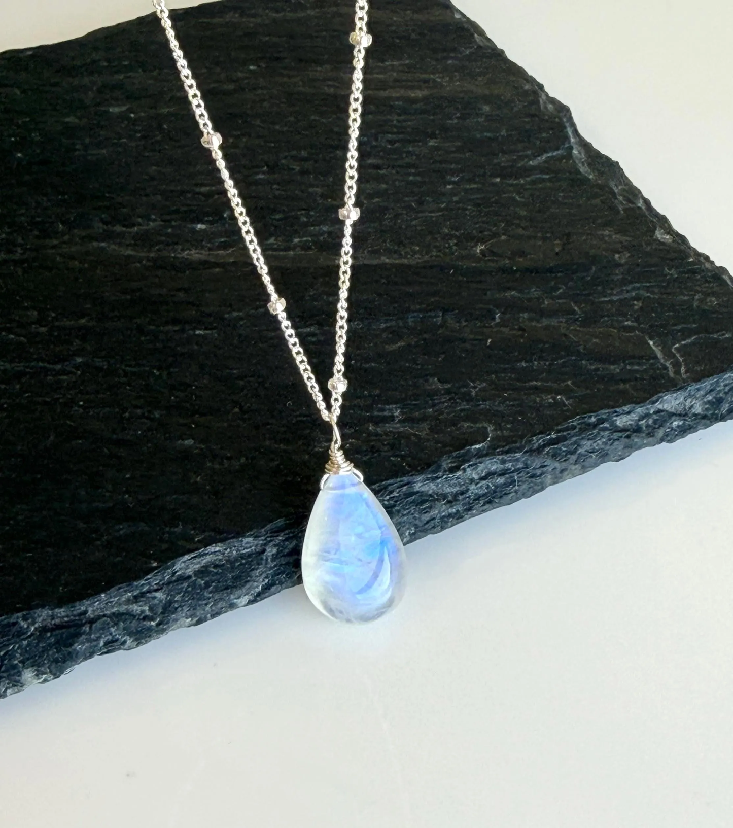 Rainbow Moonstone Smooth Teardrop Necklace- June Birthstone