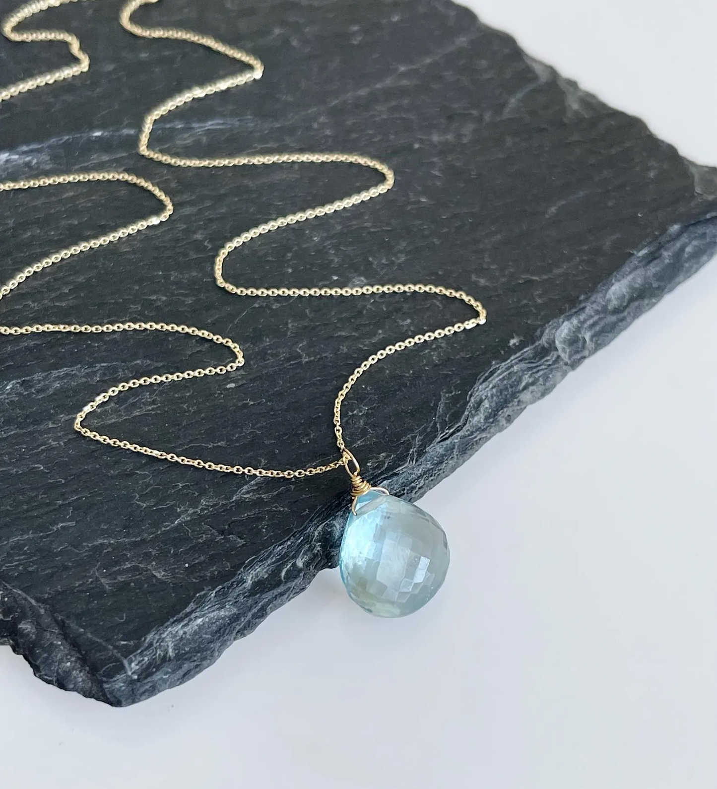 Aquamarine Teardrop Necklace- Solid 14k Gold March Birthstone