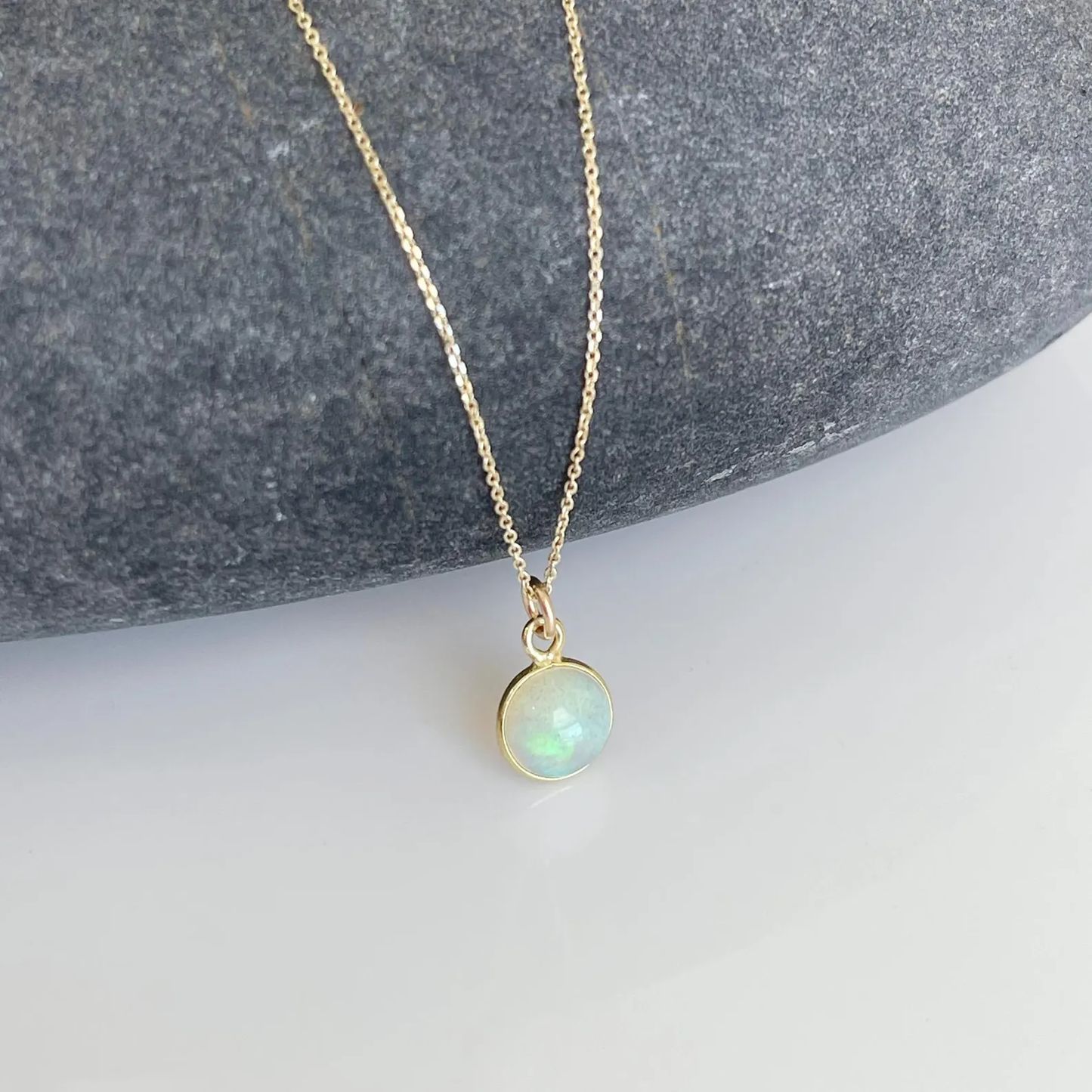 Ethiopian Opal Tiny Dome Necklace -Solid 14k Gold