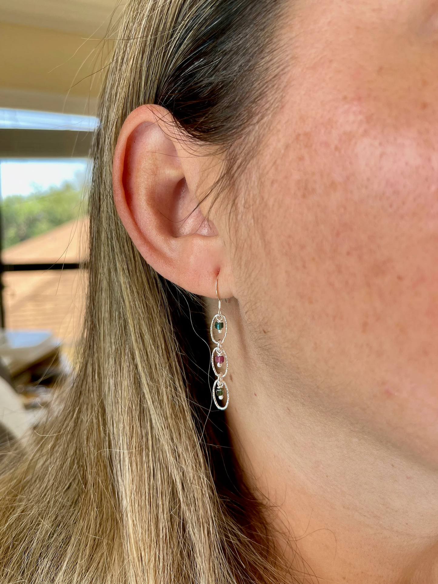 Watermelon Tourmaline Oval Link Earrings- October Birthstone