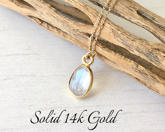 Rainbow Moonstone Necklace, Solid Gold Necklace, 14K Gold, June Birthstone