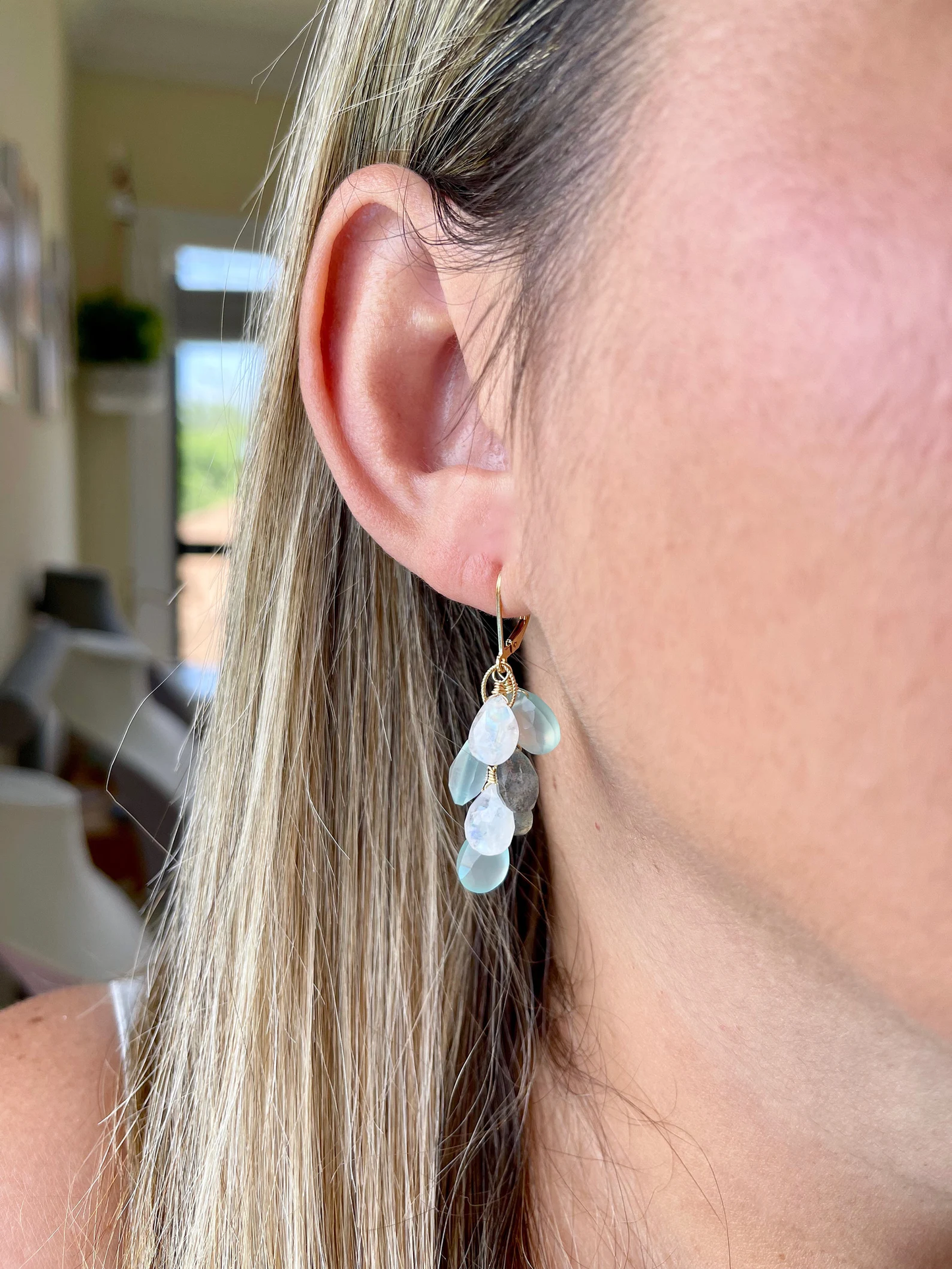 Moonstone, Labradorite and Chalcedony Cluster Earrings