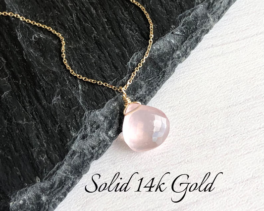 Rose Quartz Teardrop Necklace- Solid 14k Yellow Gold