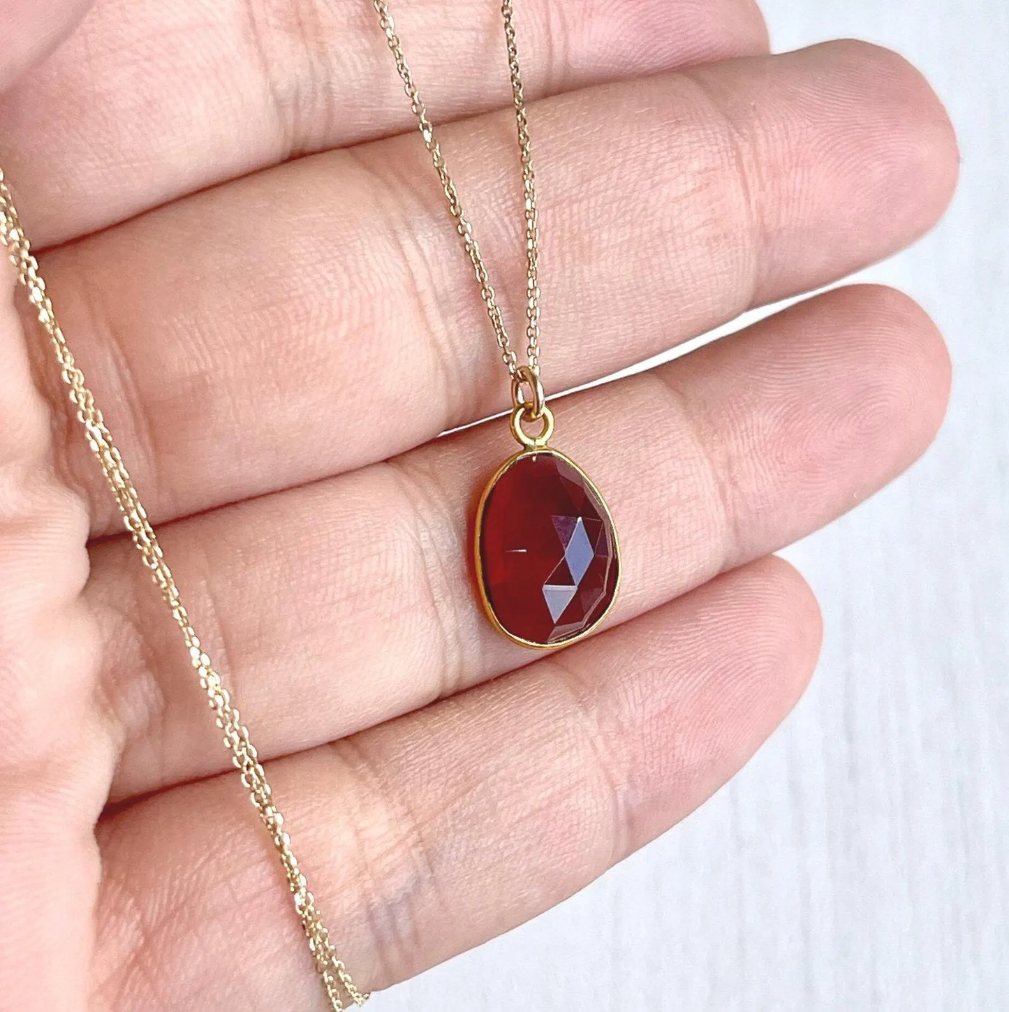 Garnet Oval Bezeled Necklace-Solid 14k Gold