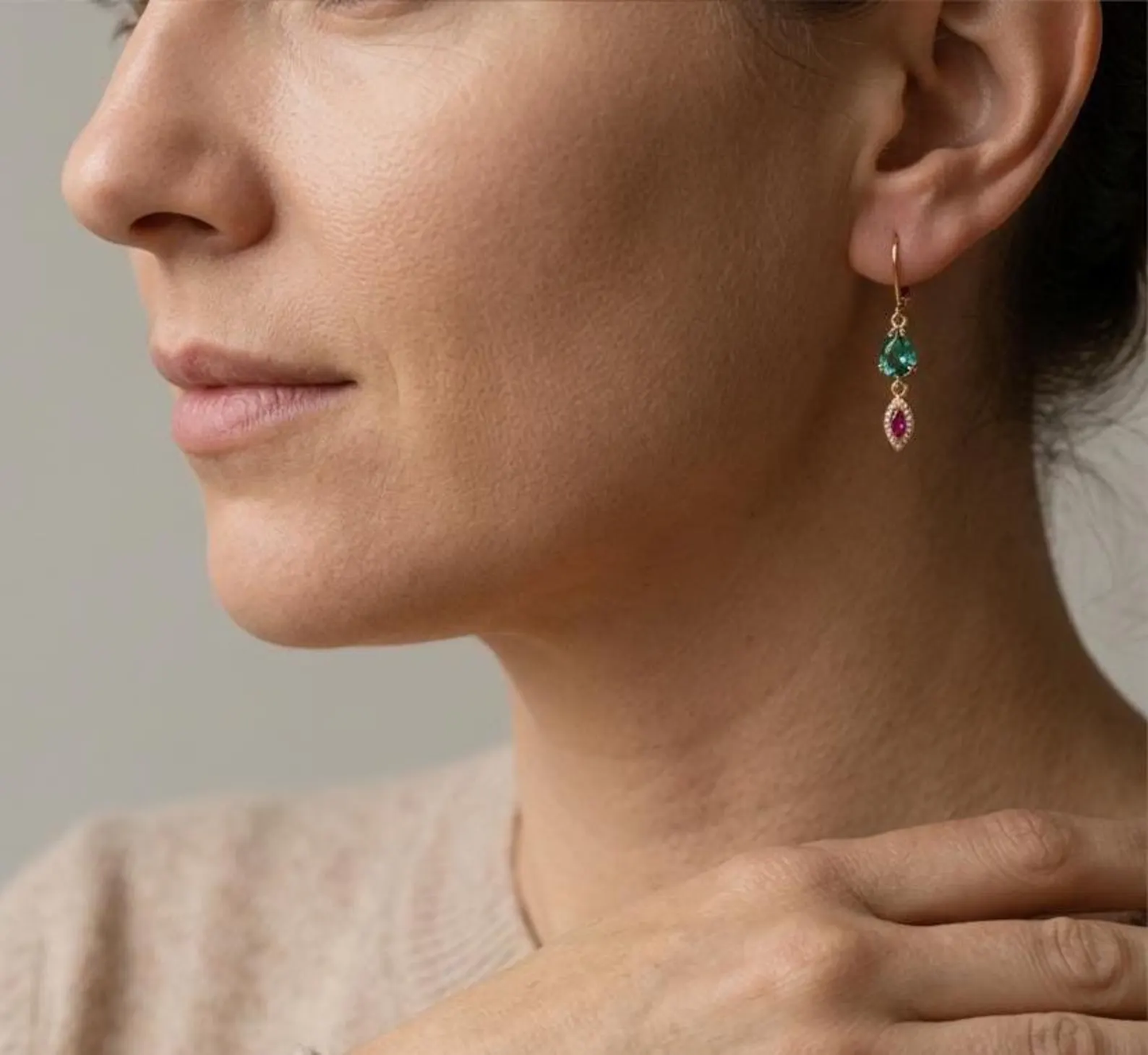 Apatite and Pink Zircon Earrings, Teal Green and Hot Pink Dangle Earrings in Gold,