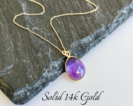 Amethyst Oval Necklace- Solid 14k Gold February Birthstone