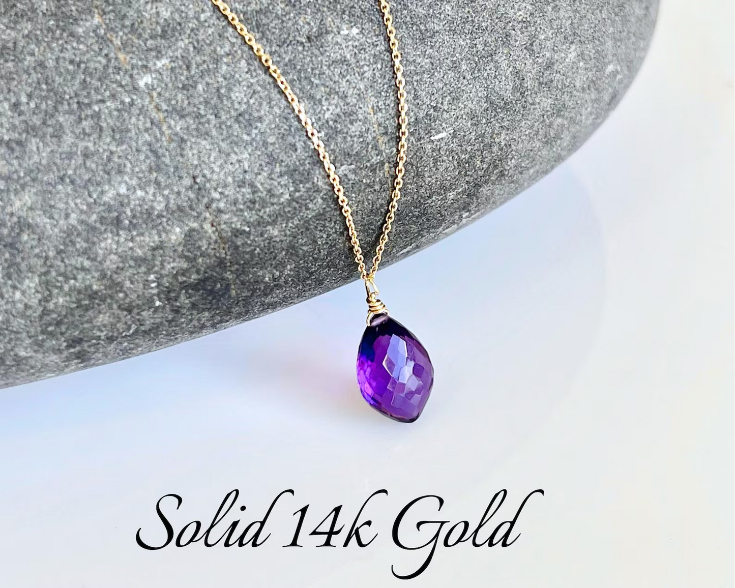 Amethyst Necklace, February Birthstone, Solid 14k Gold, Purple Amethyst Pendant, Genuine 14k chain, Dainty Layering Jewelry, Gift for her