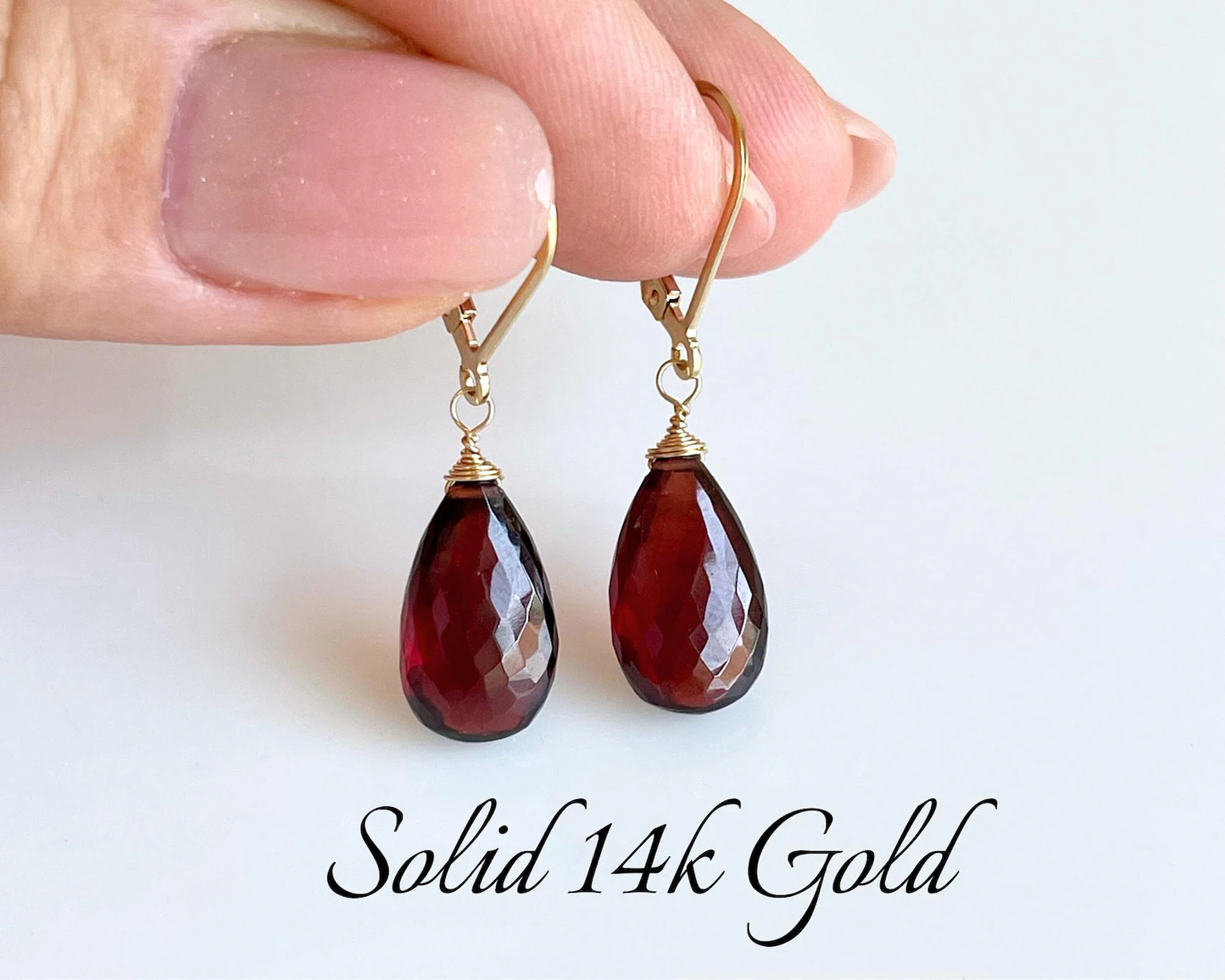 Garnet Teardrop Earrings- Solid 14k Gold
