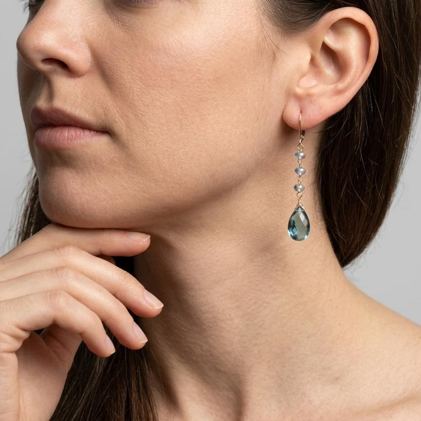 London Blue Topaz Elongated Earrings- Solid 14k Gold December Birthstone