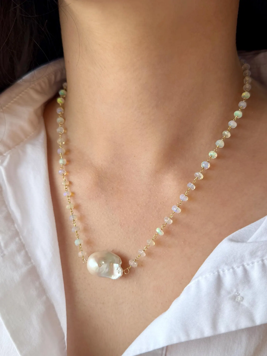 Baroque Pearl and Ethiopian Opal Beaded Necklace in Gold Filled, June and October Birthstone