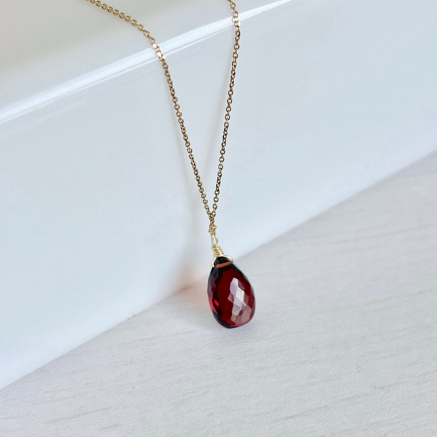 Garnet Teardrop Necklace- Solid 14k Gold January Birthstone