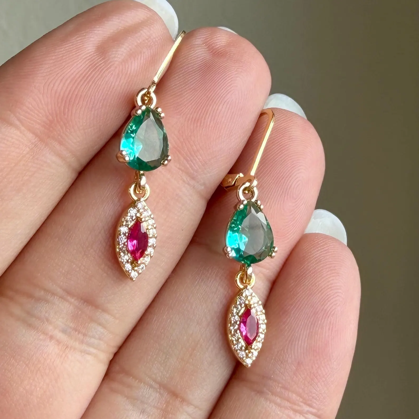 Apatite and Pink Zircon Earrings, Teal Green and Hot Pink Dangle Earrings in Gold,