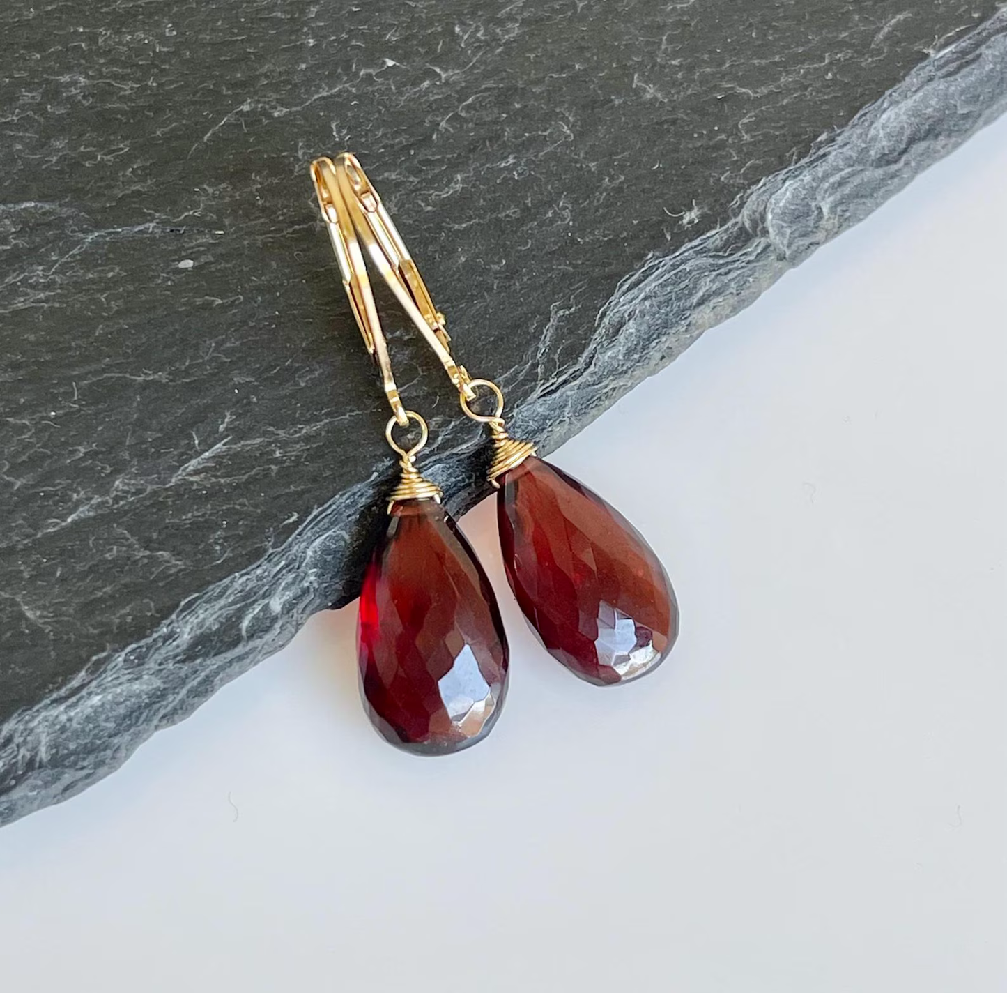 Garnet Teardrop Earrings- Solid 14k Gold