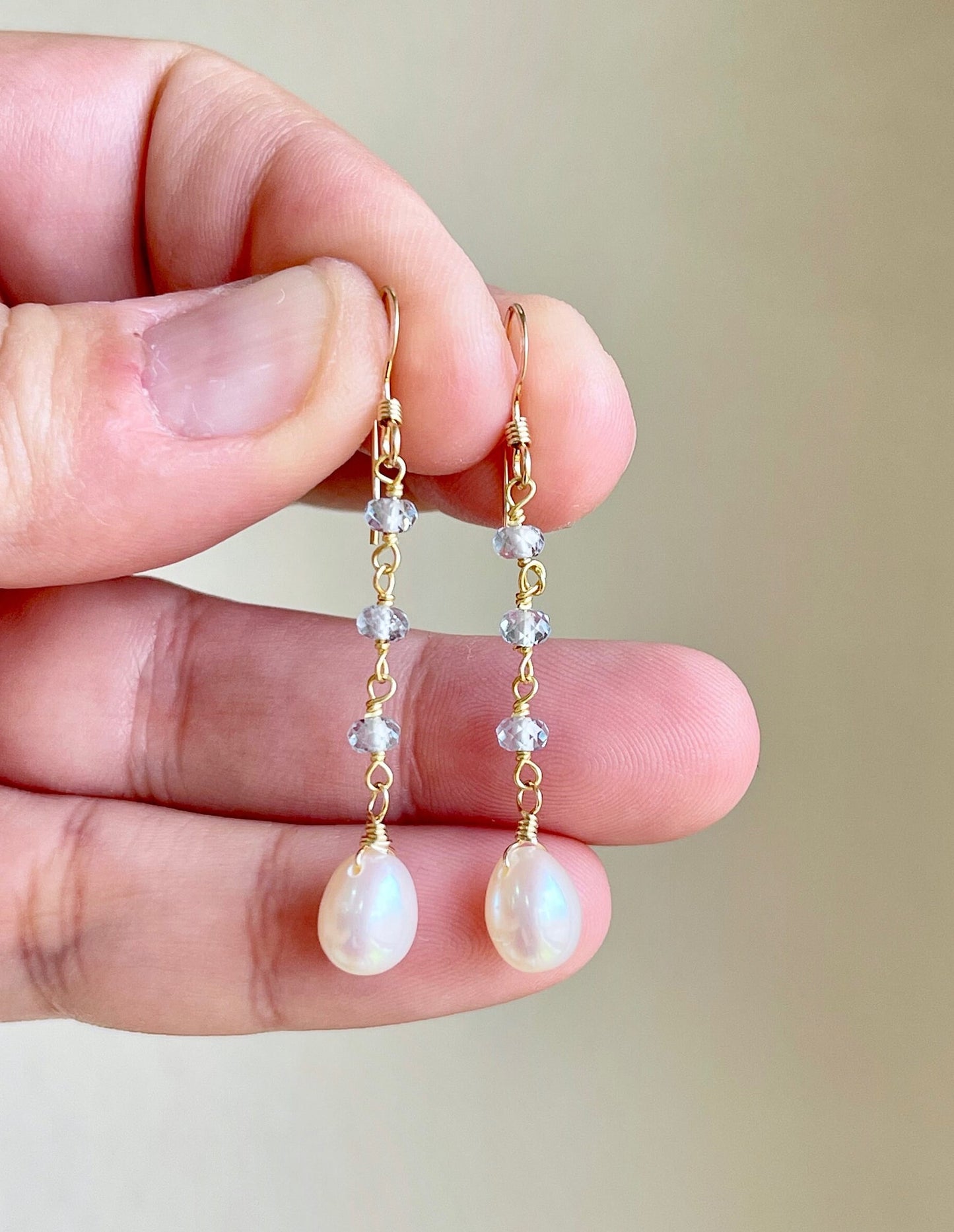 Pearl and Aquamarine Dangle Earrings, March and June Birthstone