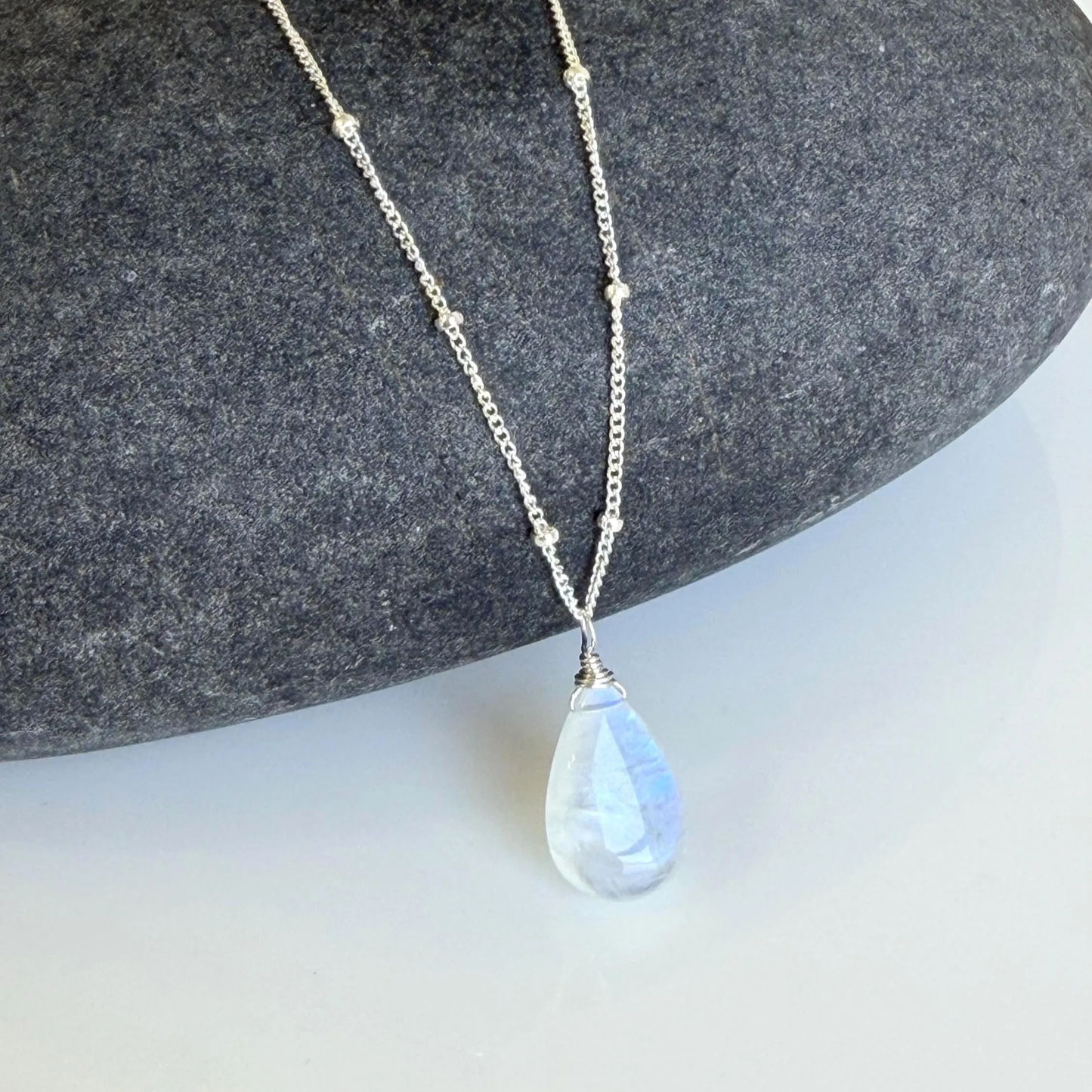 Rainbow Moonstone Smooth Teardrop Necklace- June Birthstone