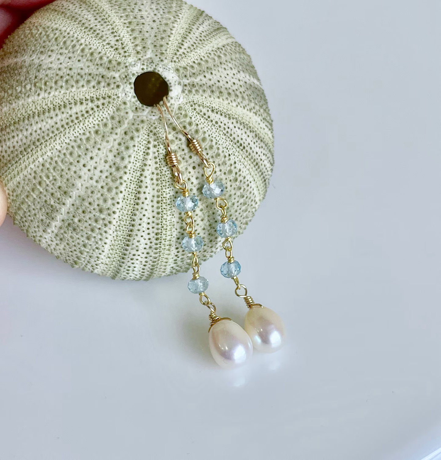 Pearl and Aquamarine Dangle Earrings, March and June Birthstone