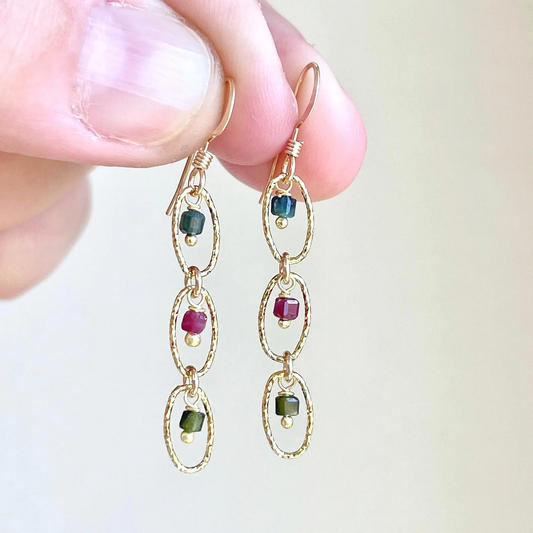 Watermelon Tourmaline Oval Link Earrings- October Birthstone