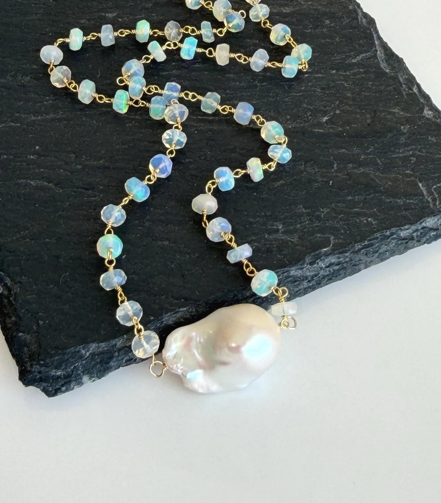 Baroque Pearl and Ethiopian Opal Beaded Necklace in Gold Filled, June and October Birthstone