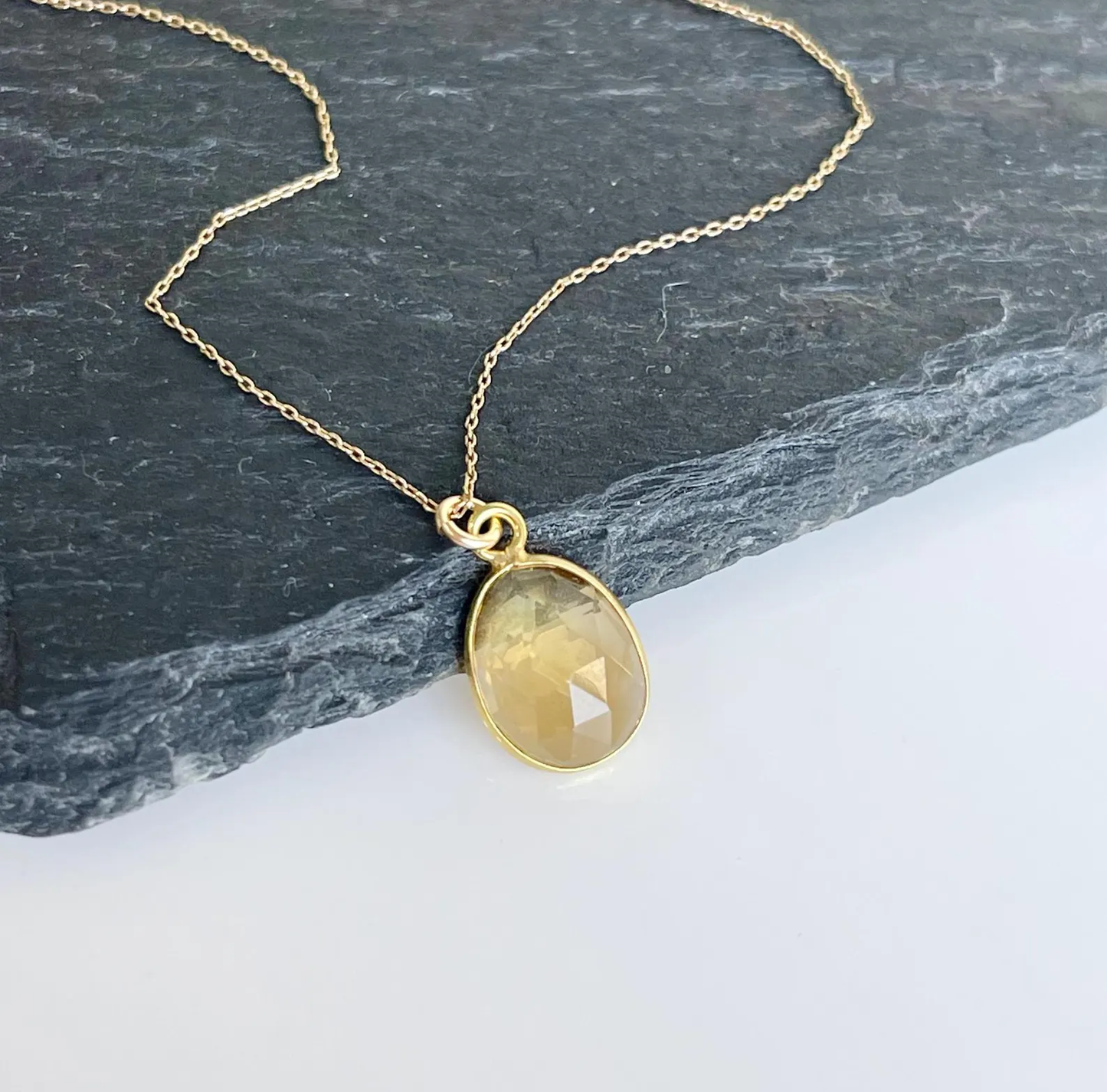Yellow Topaz Oval Necklace- Solid 14K Gold November Birthstone
