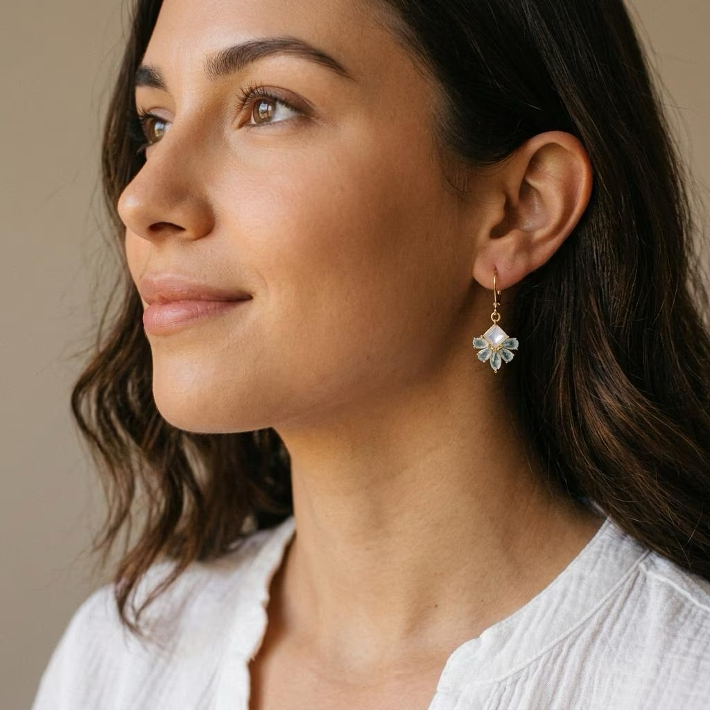 Aquamarine and Moonstone Flower Earrings