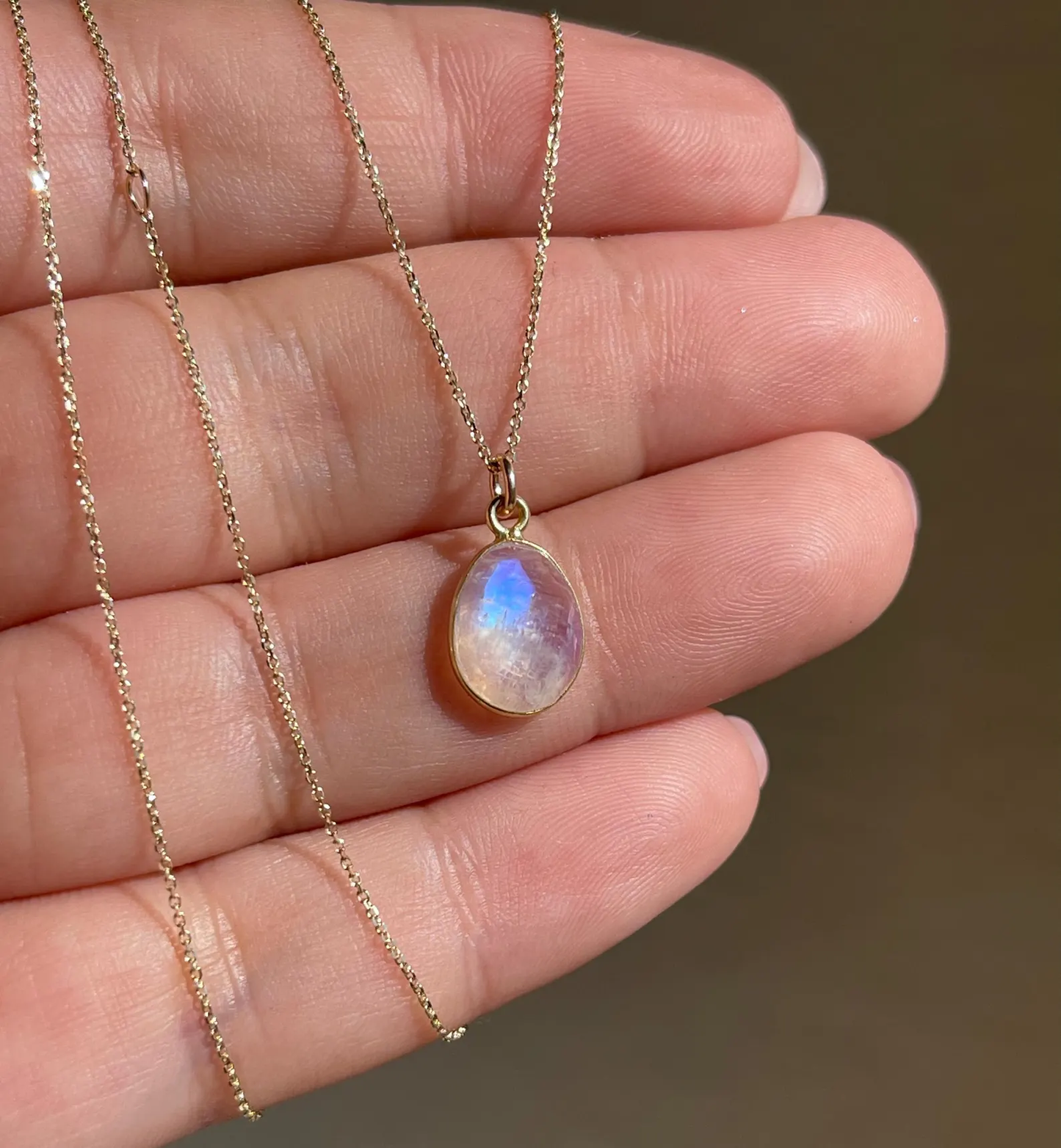 Rainbow Moonstone Necklace, Solid Gold Necklace, 14K Gold, June Birthstone