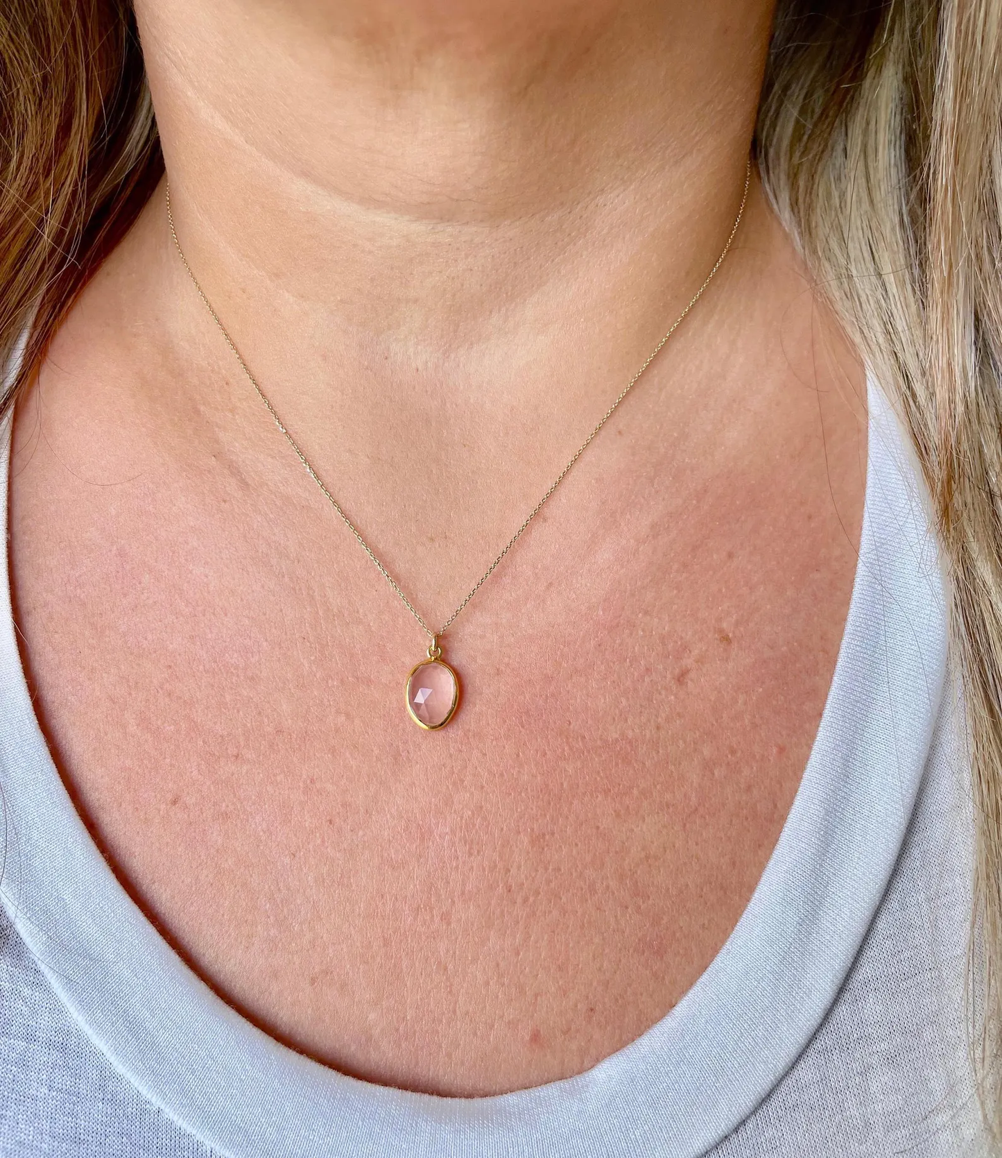 Rose Quartz Oval Necklace- Solid 14k Gold Necklace