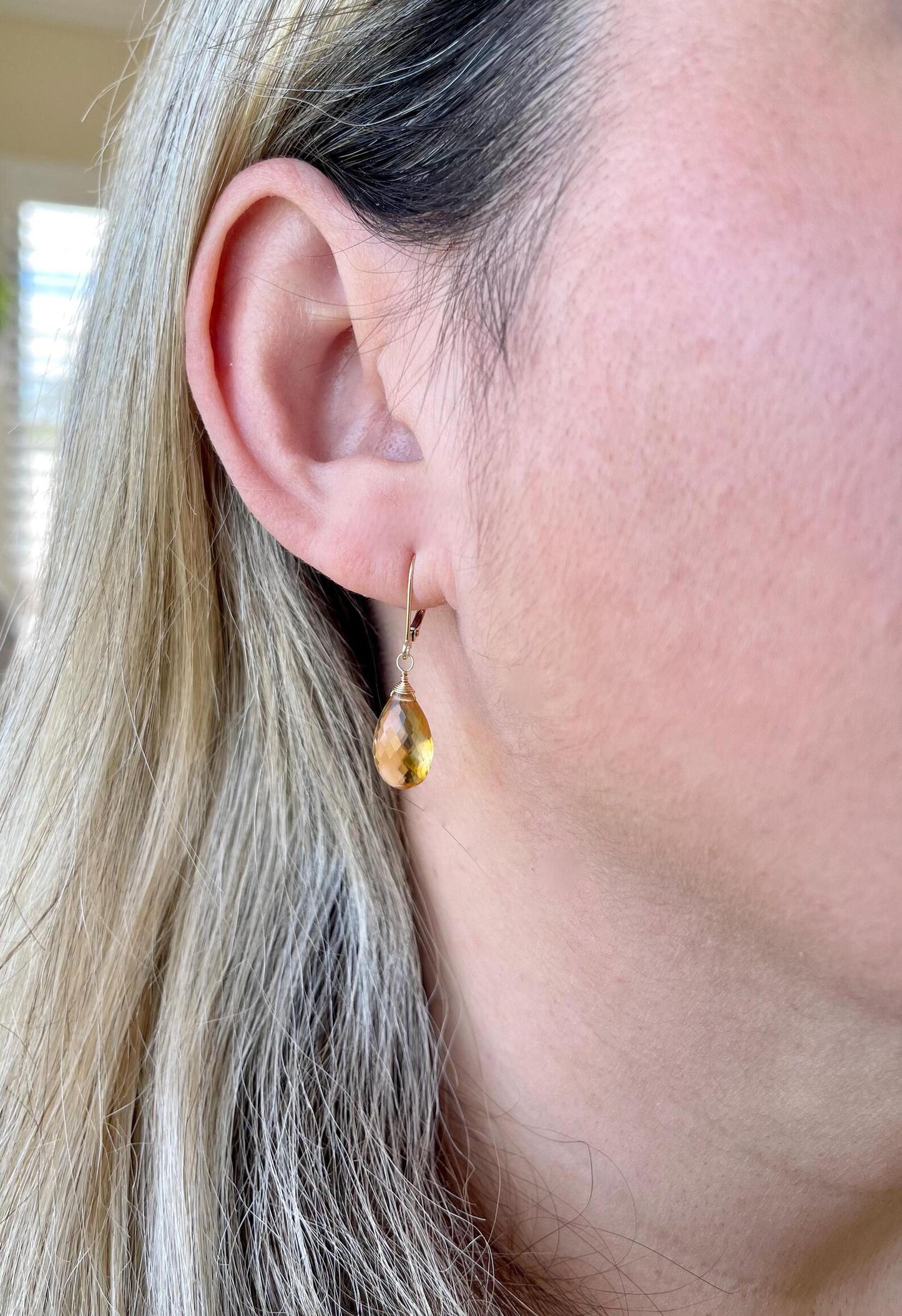 Yellow Topaz Earrings, Solid 14k Gold Teardrop Earrings, November Birthstone