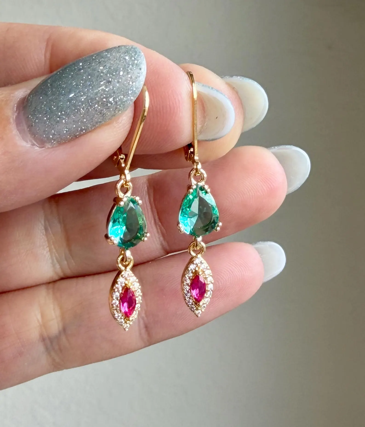 Apatite and Pink Zircon Earrings, Teal Green and Hot Pink Dangle Earrings in Gold,